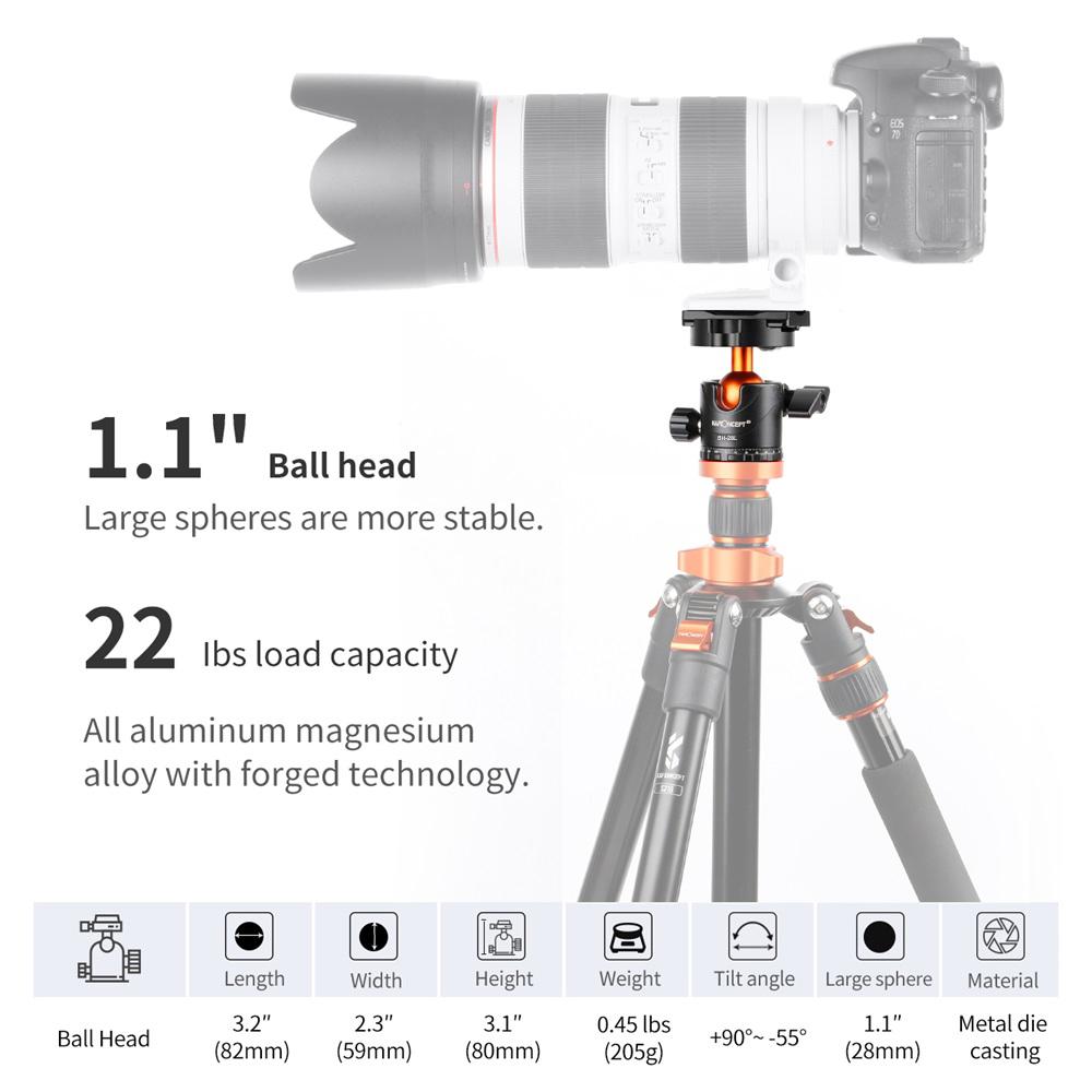 K&F CONCEPT BH-28L Ballhead Tripod Mount Adapter 28mm Large Ball Head Adapter with Quick Release