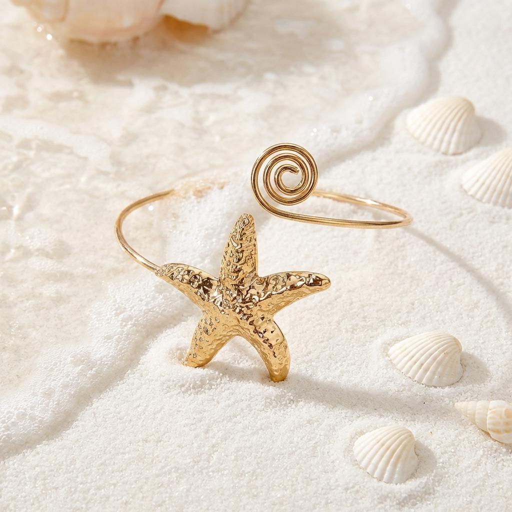 Classical Starfish Gold Plated Adjustable Bracelet for Women Girl Fashion Starfish Upper Arm Bangle Daily Summer Jewelry Gift
