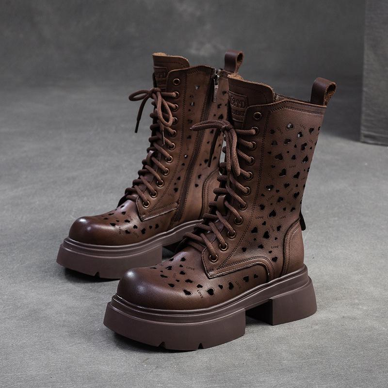 Fashion GKTINOO 2025 New Hollow-out Breathable Summer Mid-calf Boots Fashion Women's Shoes Genuine Leather Thick Soled Sandals