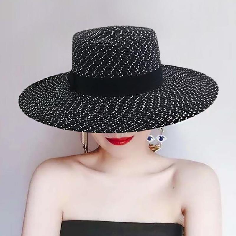 Internet Celebrity Black and White Mixed Color Big Brim Straw Hat Summer Sunshade Bow Beach Hat Children British Flat Top Hat