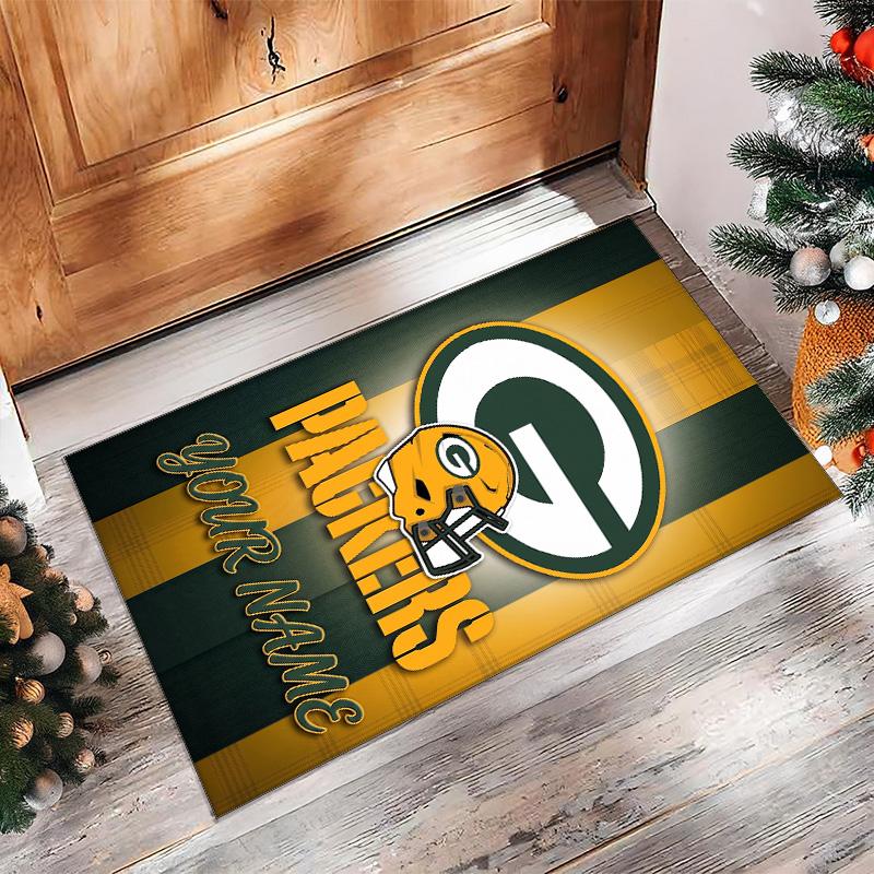 Green Bay Packers Crystal Velvet Rug, Custom Name Text Personalized Non‑Slip Floor Mat for Home Decor Gift