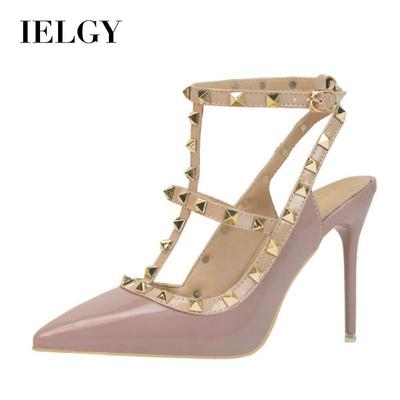 Patent Leather High Heels 10cm Stiletto Solid Color Studs Hollow Roman Sandals Women