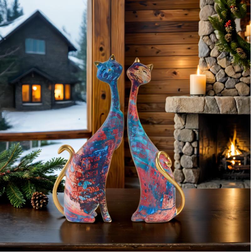 Oil Painting Couple Cat Figuirnes Decoration Home room Desktop Statue Ornaments Items Villa Club Sculpture Accessories Crafts