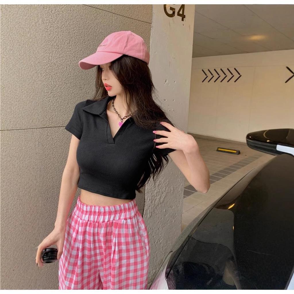 Pure desire style POLO collar front shoulder short-sleeved T-shirt women's summer slim-fit short Spice girl navel-showing thin design top