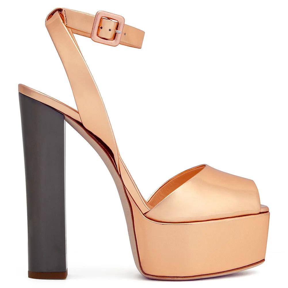 Fashion Peep Toe Platform Women Sandals Chunky Heel Patent Leather Large Size High Heels Summer Fashion Ankle Strap Shallow Sandals