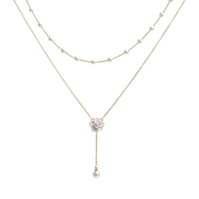 ‘1Pc New Fashion Unique Design Elegant Exquisite Double Tassel Pearl Camellia Necklace Women Jewelry Party Premium Gift