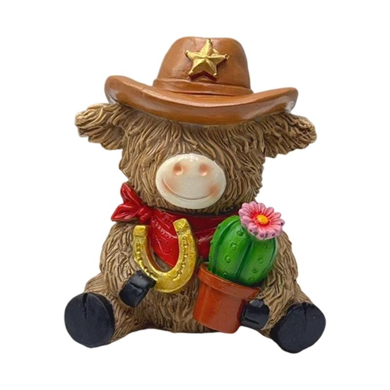 

Handcrafted High Land Cow with Western Cowboy Hat Figurine Resin Tiered Tray Ornament For Living Room Decors Gift Giving