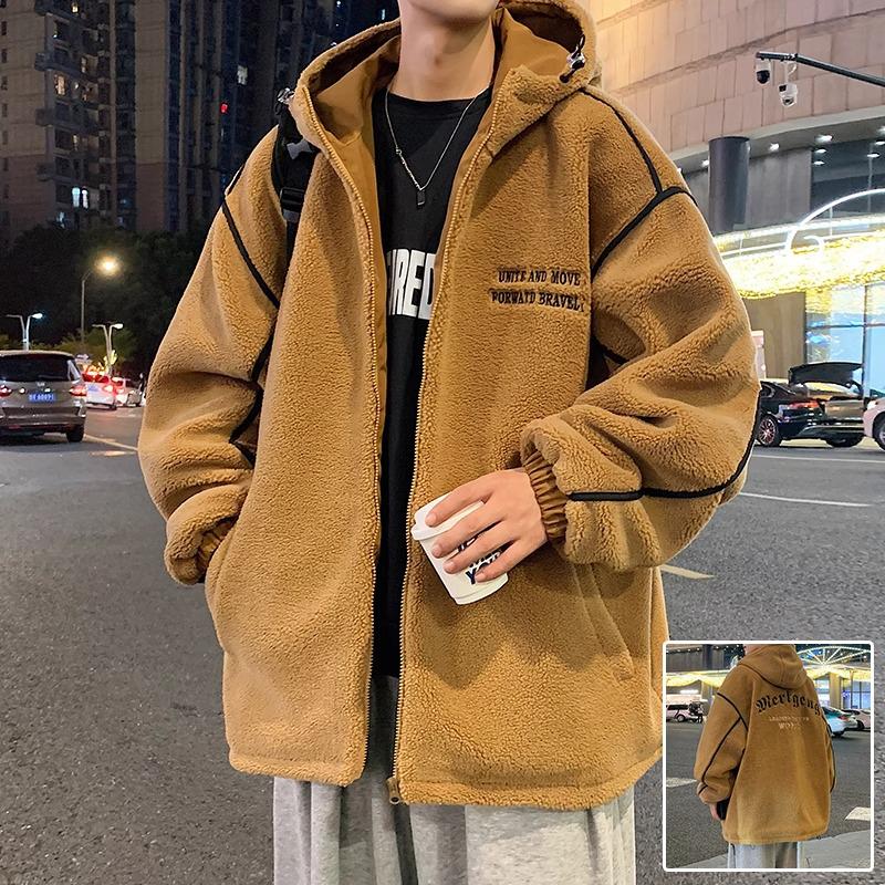 

Мужская куртка из овечьей шерсти и хлопка, зимнее пальто с толстой вельветовой подкладкой, молодежная ветрозащитная верхняя одежда с капюшоном L (suitable for 125-140 lbs)
