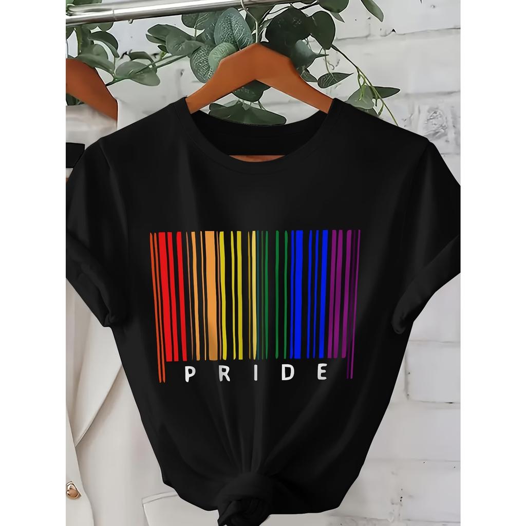 Women's White Pride T-Shirt Rainbow Flag Design with Bold PRIDE Lettering & Bar Code Stripe Print - Gay Pride Parade Apparel, Casual Summer Tee