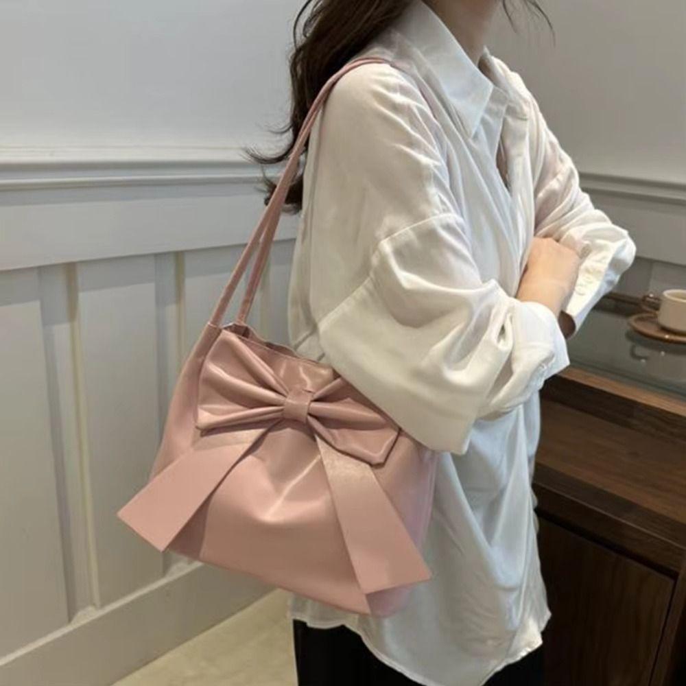 Bucket Bag PU Bow Shoulder Bag Solid Color Fashion Underarm Bag Simple INS Tote Bag  Children