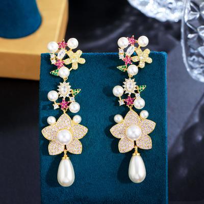 Needle Slightly Inlaid Zircon Small Garden Pearl Flower Earrings Long Fringed Full Diamond Inlaid Earrings