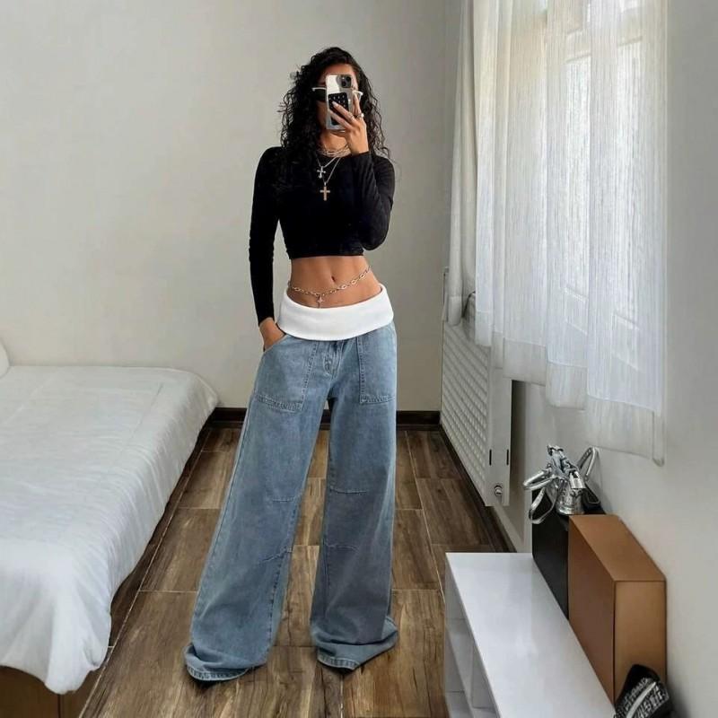 Womens High-Waisted Wide-Leg Denim Pants 2026 Retro Streetwear Cropped Flare Jeans Loose Fit Long Trousers