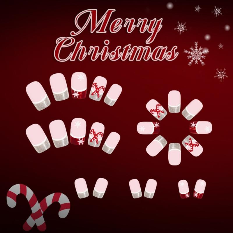 Christmas French Glittering Art Short Fake Nail With Snowflake Cane Design No Tools Needed ABS Materials