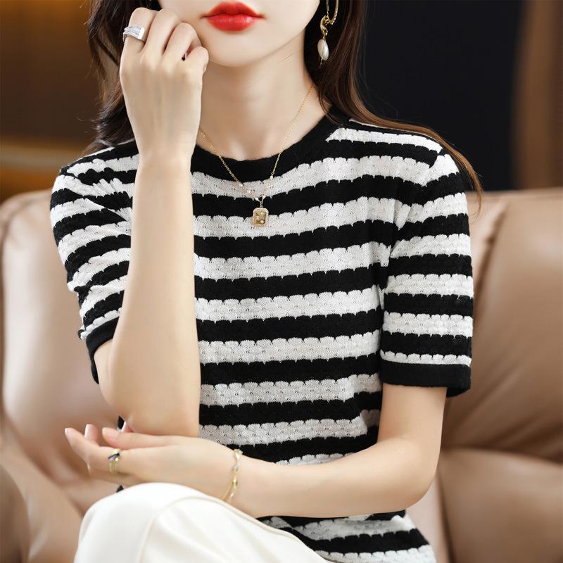 

Тонкий контрастный полосатый летний пуловер с короткими рукавами, новый, с круглым вырезом, свободного кроя, универсальный, ажурный, модный топ XXL