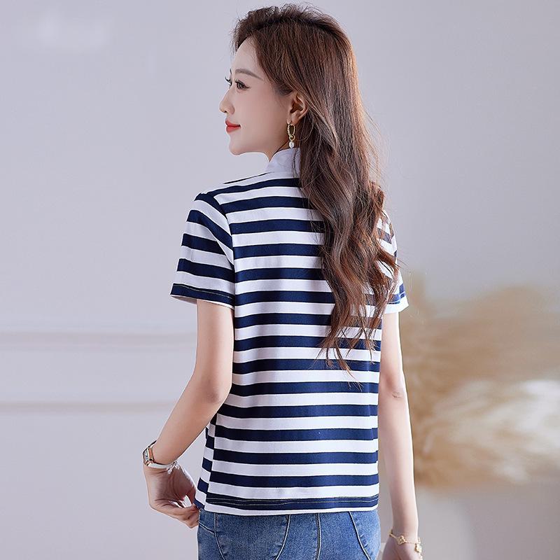 Damen Sommer Locker Geschnittenes Poloshirt mit Kragen – Fake Zweiteiler, Gestreift, Kurzarm, Reine Baumwolle