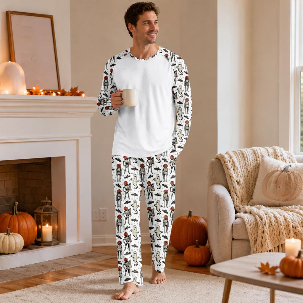 Herren Halloween Pyjama-Set mit langärmeligem Oberteil und langer Hose, lässig, bequem, Nachtwäsche