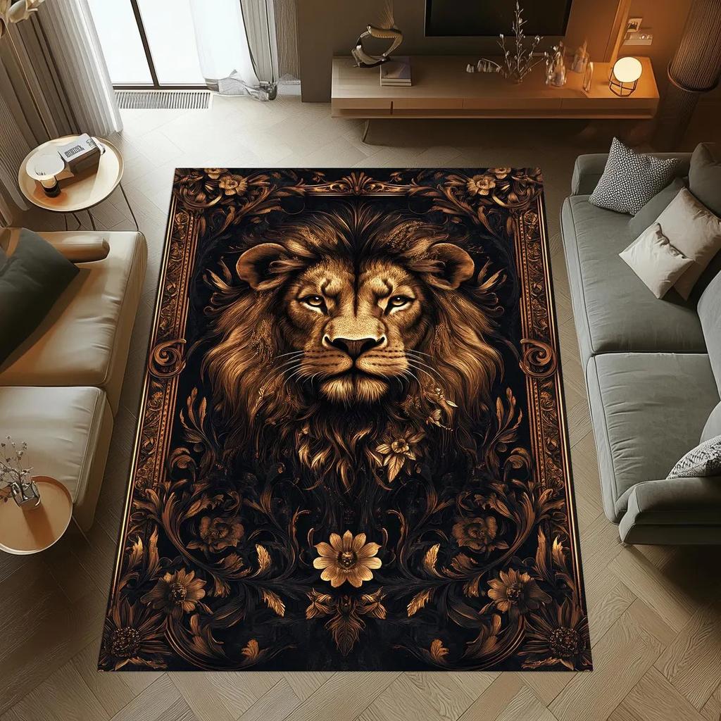Lion Baroque Rug, Gothic Black Gold Area Carpet, Regal Animal Floor Decor, Washable Non Slip Bold Statement Rug