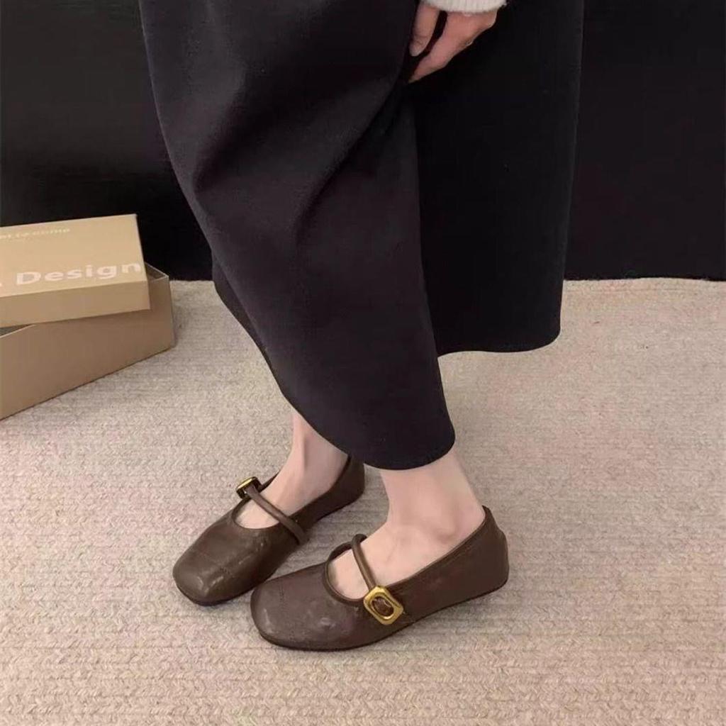 2025 summer new flat-bottomed retro soft-soled one-word single shoes grandma shallow mouth French versatile fashion Mary Jane shoes