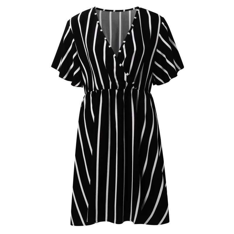 Mode Kurzarm Gestreift V-Ausschnitt Große Größe Kleid Elegante Damen Hohe Taille Lose Lässig A-Linie Party Kurzes Böhmisches Kleid Weibliche Damenbekleidung