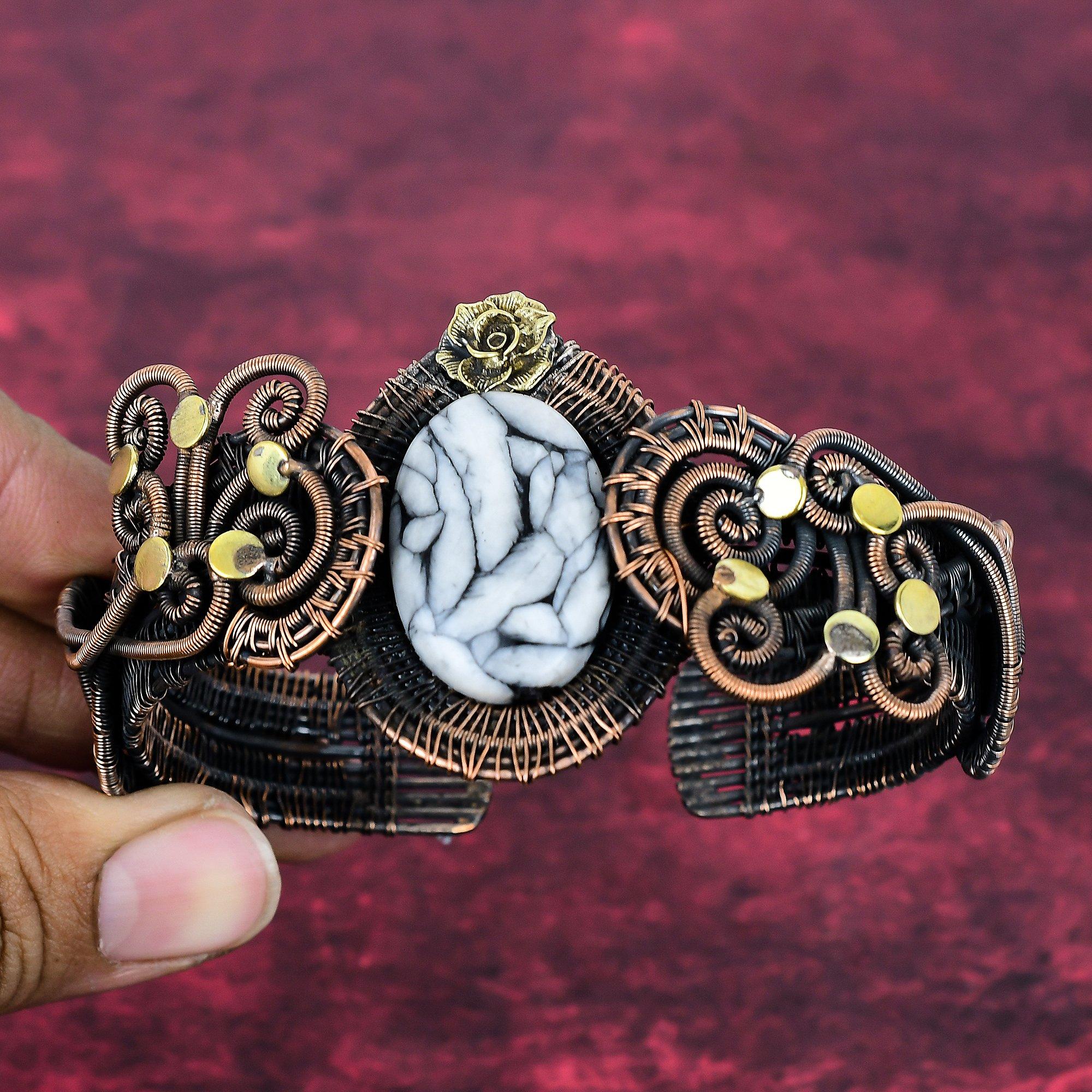 Браслет-манжета из пинолитового яшмы, регулируемый браслет, оплетка медной проволокой, цветочные украшения Adjustable