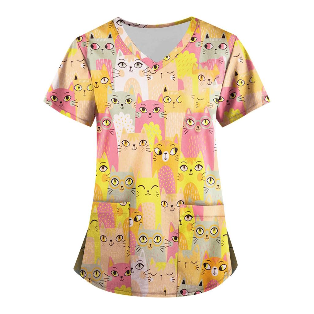 Women's Fashion V-neck Short Sleeve Workwear With Pockets Printed Tops