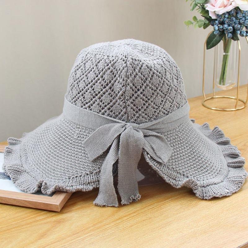 Women's Fringe Edge Crochet Sun Hat Wide Brim UV Protection Summer Hat with Bow Breathable Foldable Beach Hat