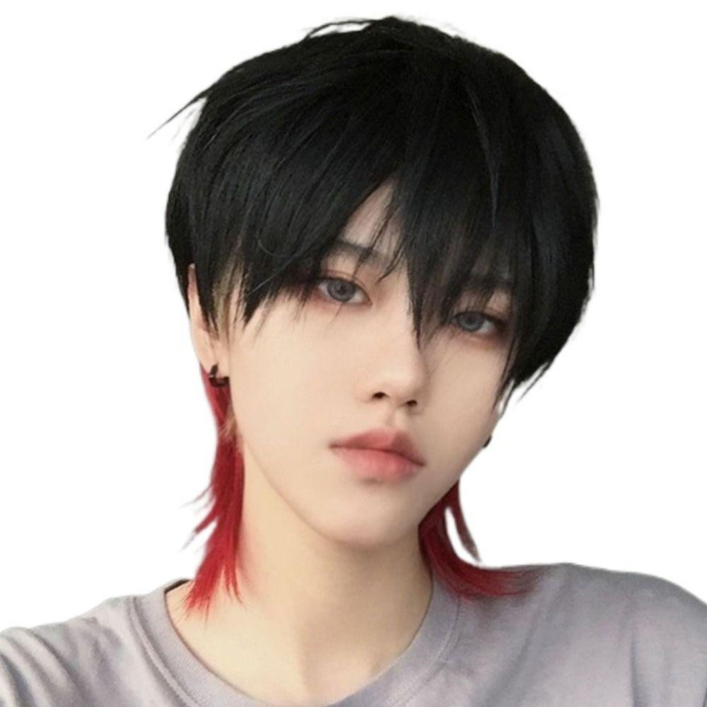 Highlights Long Cosplay Wig Synthetic Anime Men Wigs Wolf Tail Mullet Head Wigs with Bangs Boy