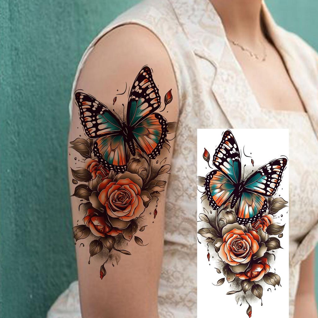 1 Sheet Butterfly Watercolor Flower Tiger Temporary Tattoos For Women Men Adults Fake Phoenix Parrot Lotus Tattoo Sticker Sleeve