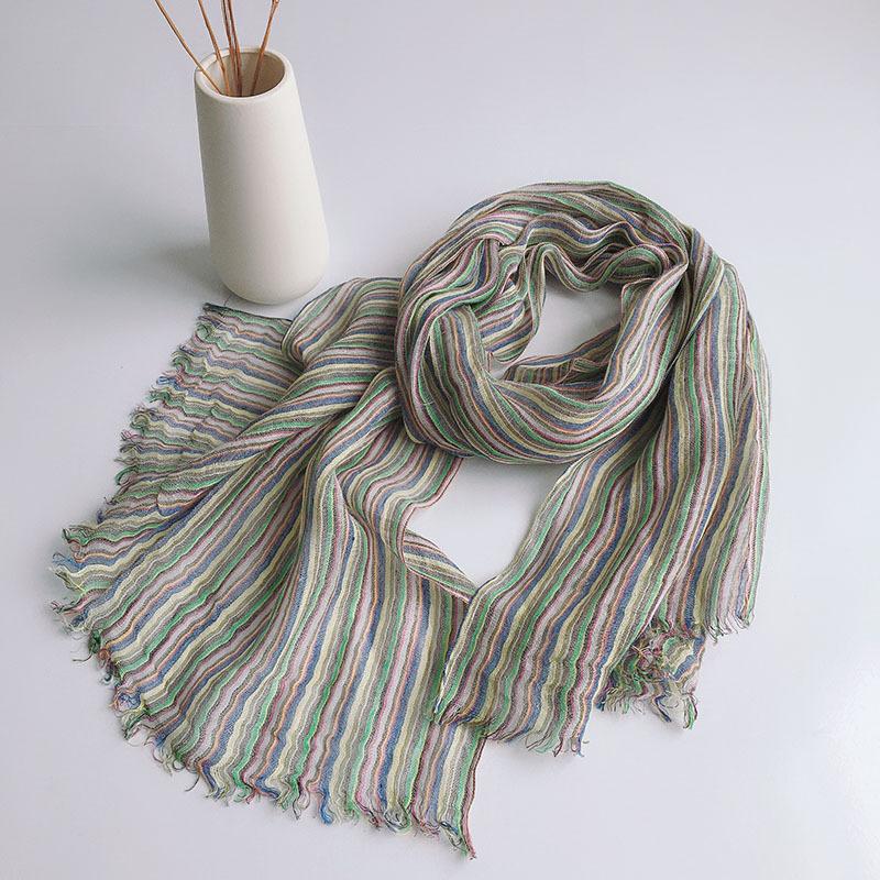 Striped Thin Linen Scarf Men And Women Couples Versatile Shawl Rough Edge Dual-Purpose Shawl Summer Sunscreen Silk Scarf