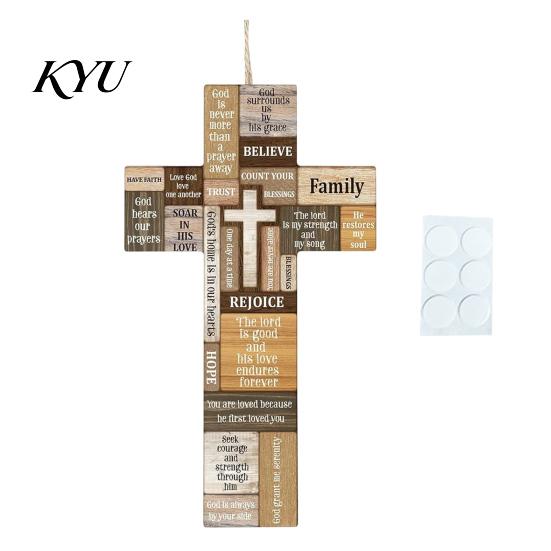 Handcrafted Wood Cross Decor Easter Wooden Ornament, Rustic Hanging Pendant with Hemp Rope Wall for Decor, Religious Home Decoration, Solid Scripture