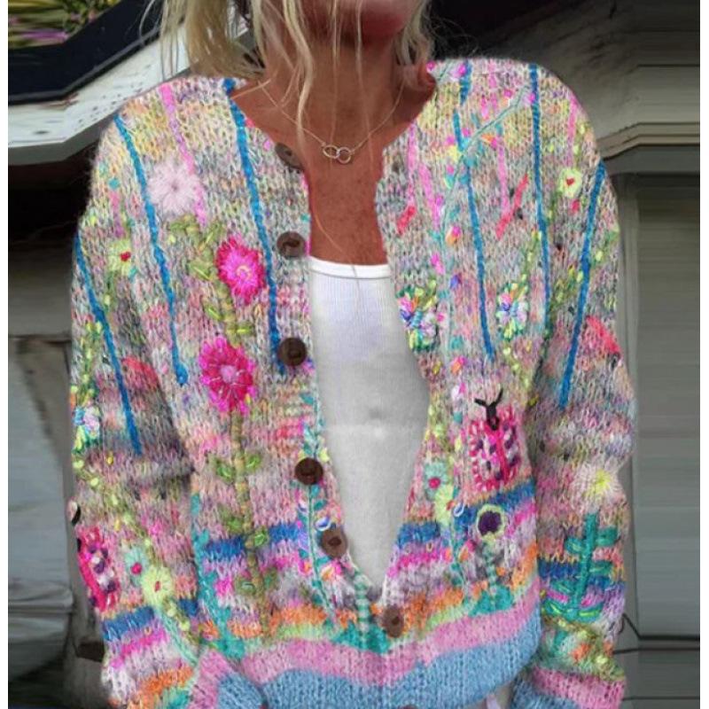 Cardigan Tricot Femme Col Rond Boutonnage Simple Imprimé Floral Manches Longues Vêtement d'Extérieur Décontracté