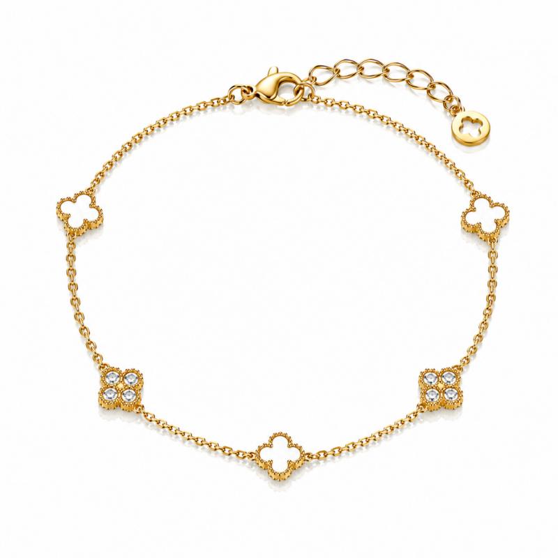 14K Gold-Plated Surgical Steel Bracelet, White Clover with Zircons Bst1634