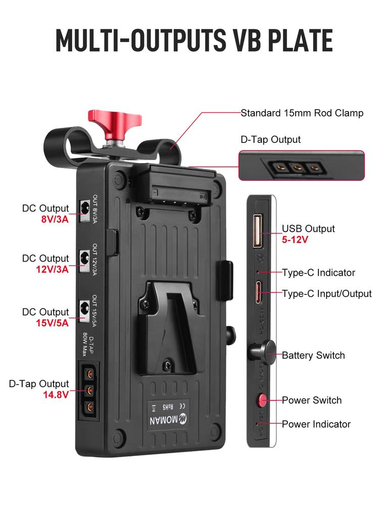 Пластина Moman VBP2 з подвійним виходом DC на 15-мм стрижні, включає 4 DC-кабелі, для цифрових дзеркальних камер BMPCC, відеокамер, затискач V-Mount, вихід D-Tap 14.8V,
