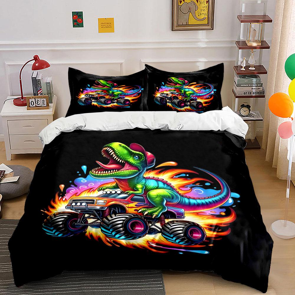 "Dinosaur Monster Truck Artwork Set" Bedding Set with 1 Duvet Cover 2 Pillowcases Single Double King Queen, Gift
