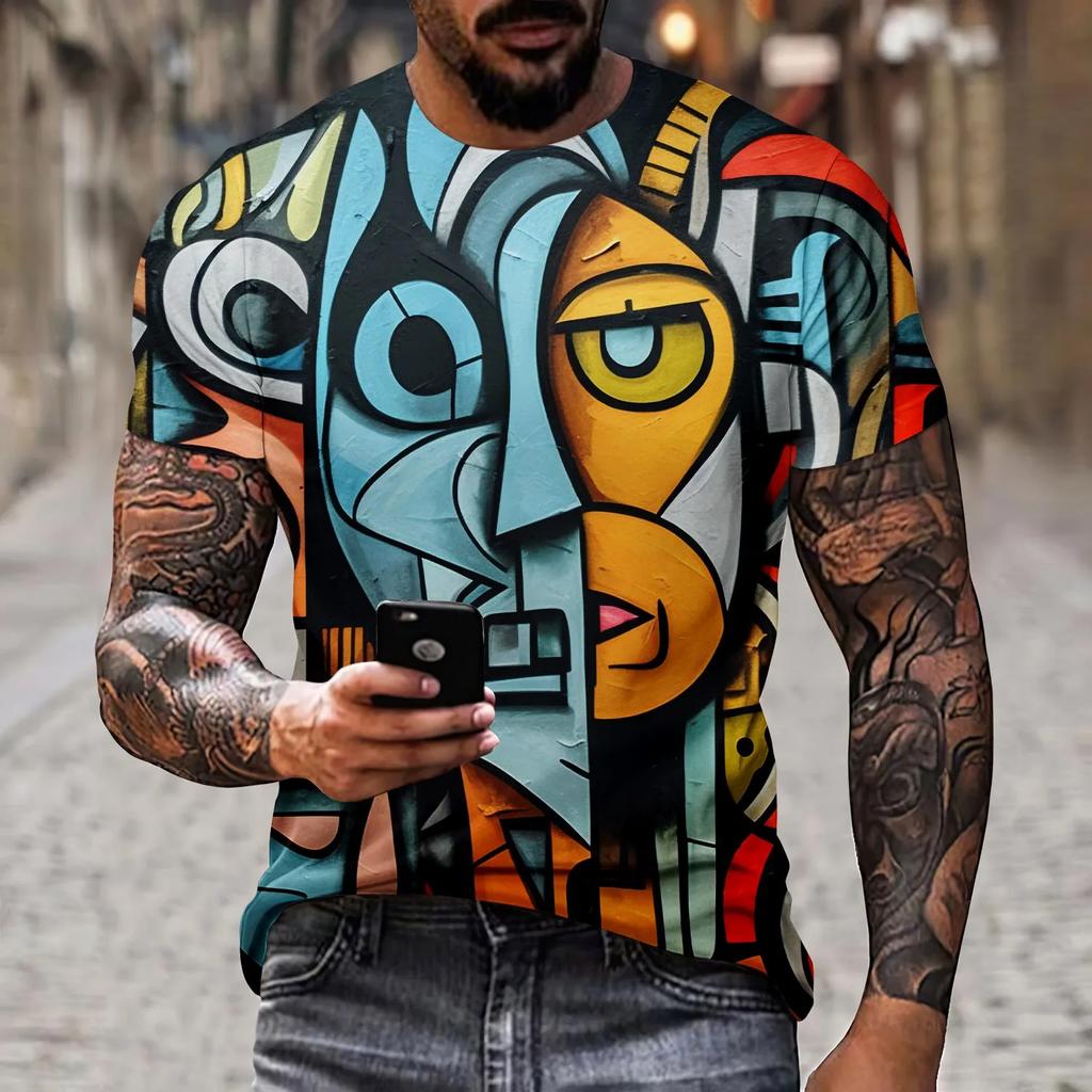 Summer New Men's T-shirt 3D Printed Graffiti Pattern Street Fashion Trend Short Sleeved Round Neck Plus Size Top