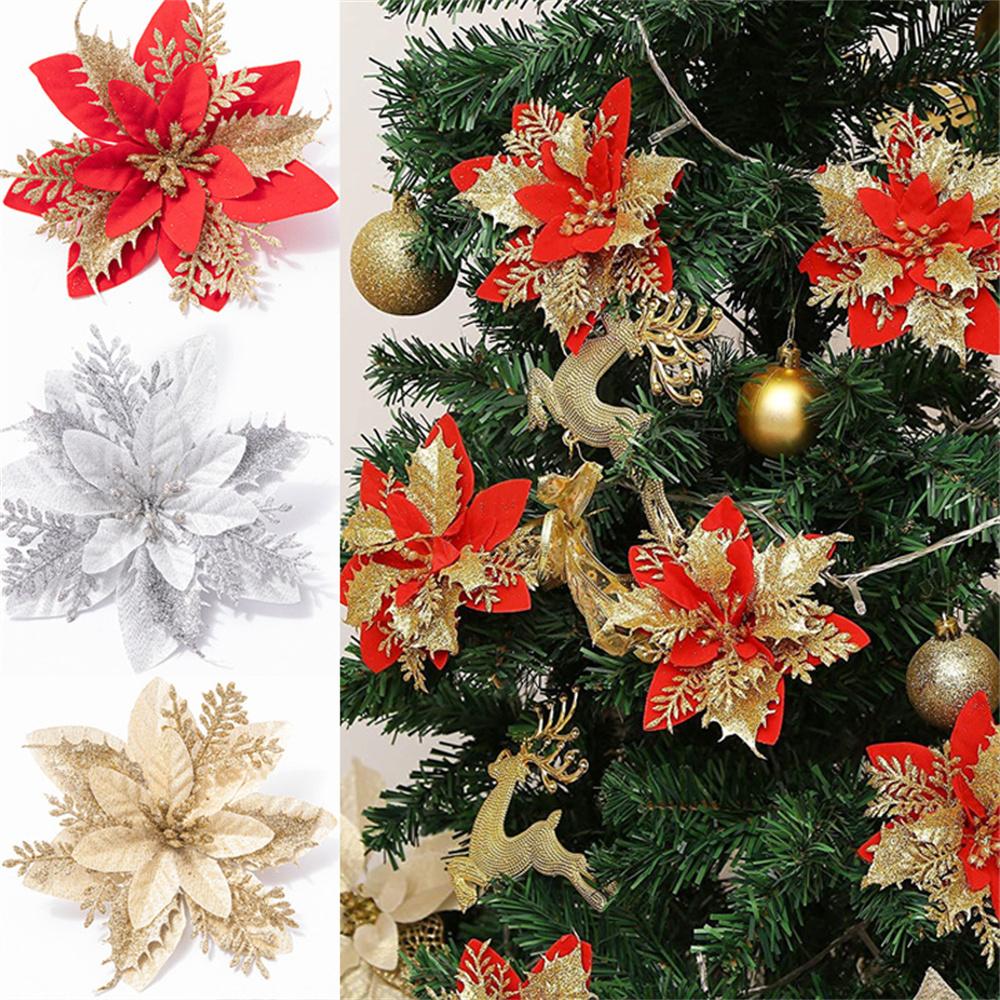 13cm Glitter Artifical Christmas Flowers Merry Christmas Tree Decoration Happy New Year Ornaments Xmas Fake Flowers Gifts