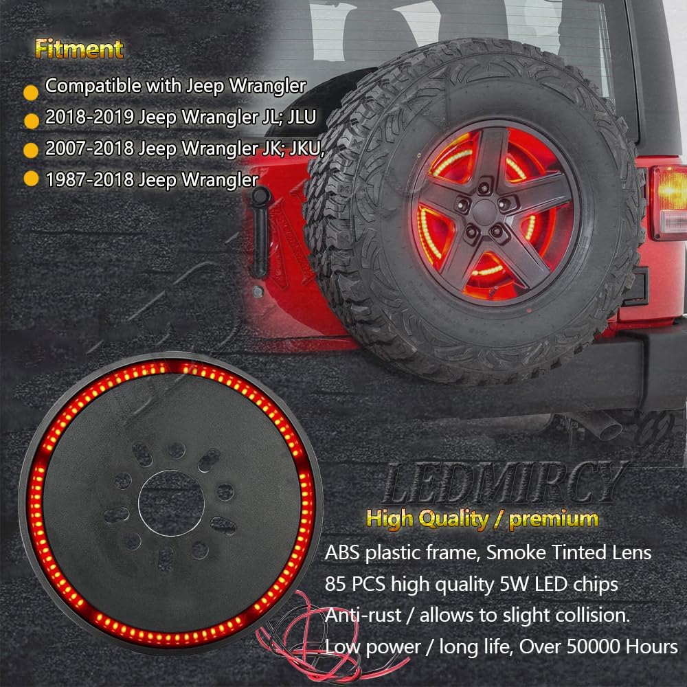 LEDMIRCY Spare Tire Brake Light 3rd Third Brake Light Rear Wheel Lights Tail Light LED Ring Red Light for Wrangler JK 2007-2018 2018- 1987- JKU JLU