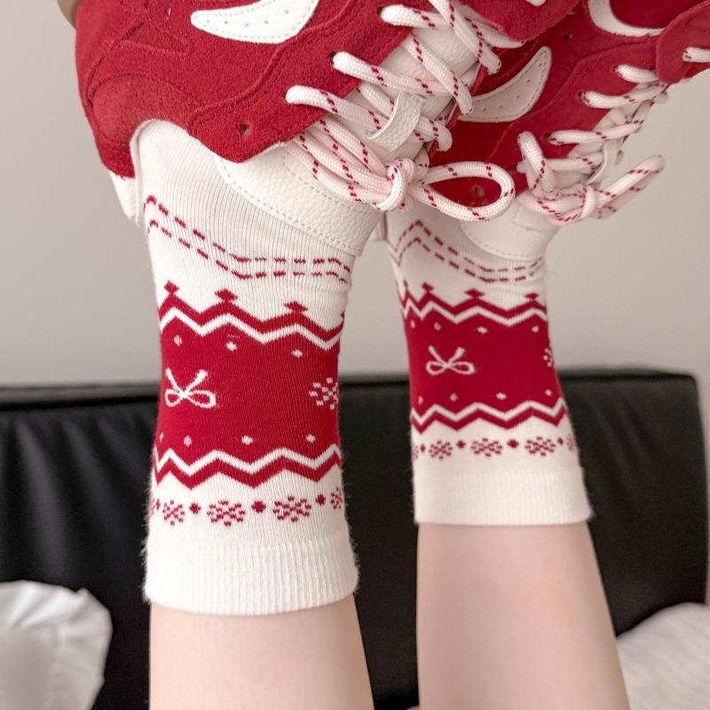 Bow Stripe New Year'S Big Red Socks Women'S Mid-Tube Socks Pure Cotton Edge Horse Year Stockings