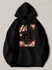 Black Pullover Hoodie with Vibrant Floral Print Colorful Flowers And Butterflies Design Casual Sweatshirt for Daily Wear Fall Wint