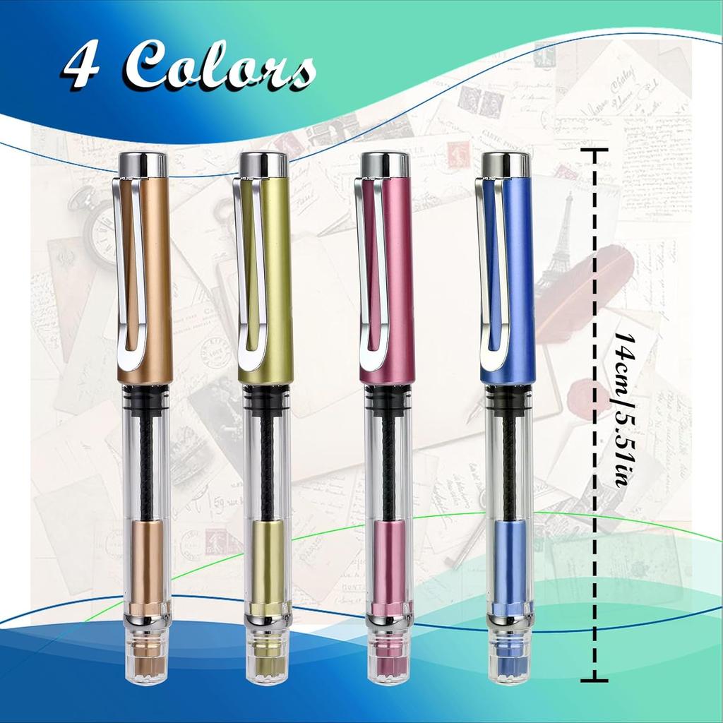 Bewudy 4 Pcs Refillable Fountain Pen Transparent Caligraphy Pens for Writing Upgrated Fine Nib Piston Filling Fountain Pen