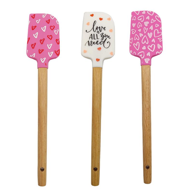 

3 Pcs Wooden Handle Silicone Spatulas Heat Resistant Baking Spatulas with Pink Satin Ribbon Bows for Cooking Baking Tools