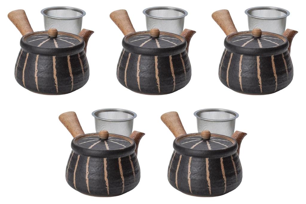 Set of 5 Carved Horsetail Teapots with Strainer Setomonohonpo Teapot (Black) (Large) [420cc]
