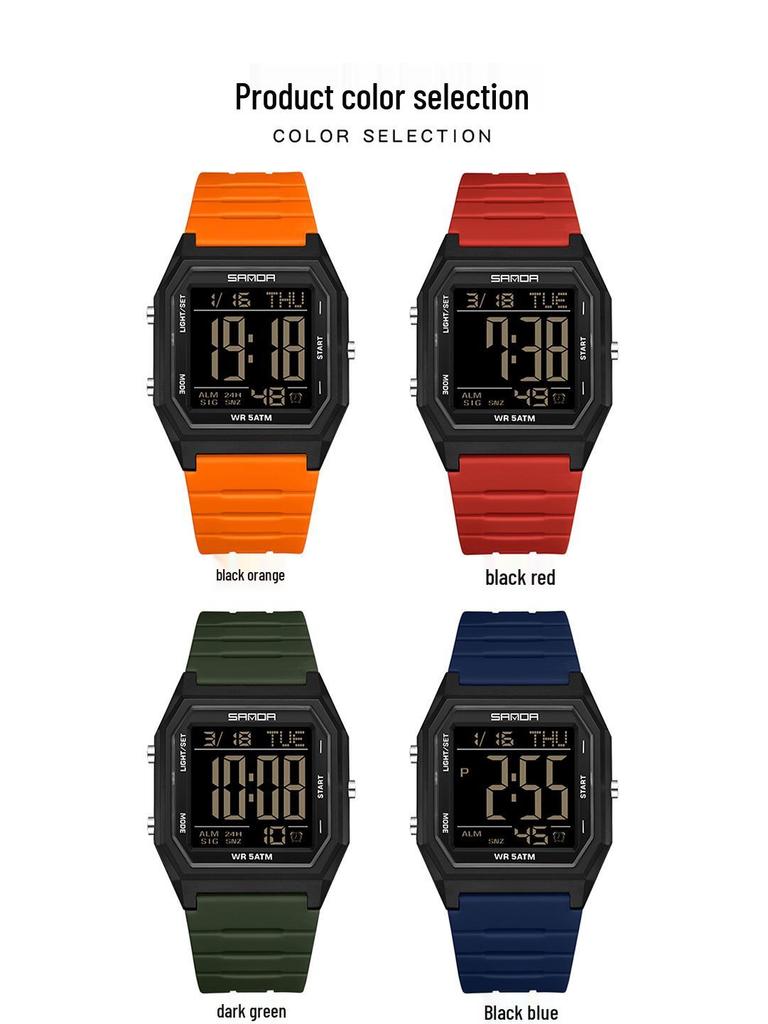 Sanda Waterproof Sports Alarm Watch - Multifunctional Square Electronic Timepiece for Students & Parties