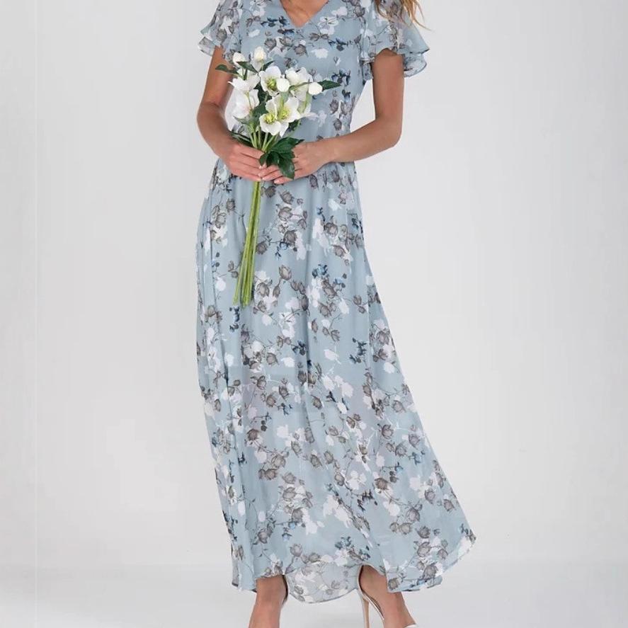 European and American New Beach Pendulum Long Dress Chiffon Floral Short-sleeved Ruffle V-neck Fashion Waist Dress