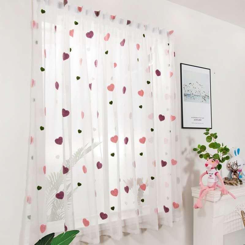 Korean Style Love Heart Embroidered Sheer Tulle Curtain for Living Room Bedroom, Cute Sweet White Transparent Window Voile Curtain for Home Decoration