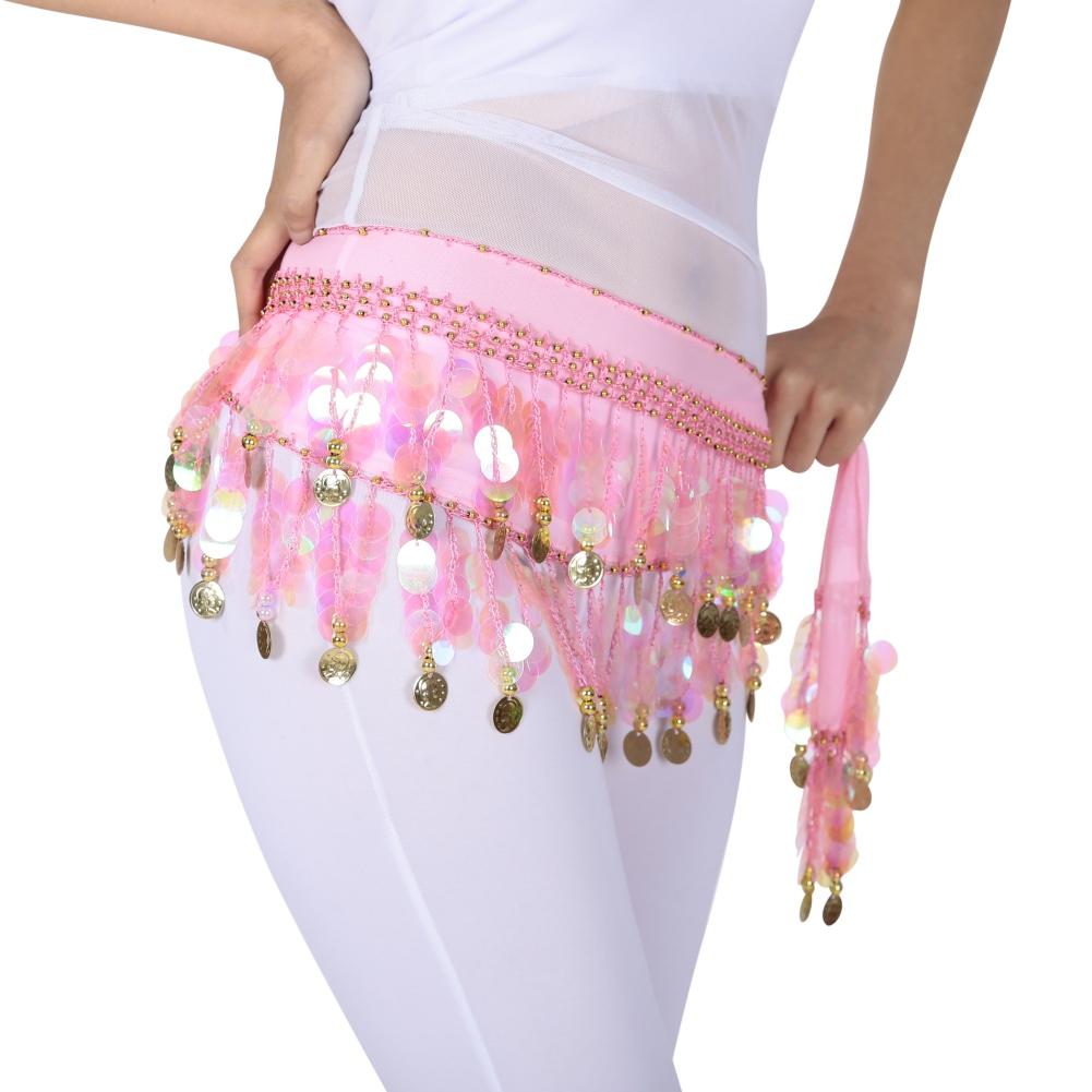 Bellydance Hip Scarf with Dangling Sequins for Belly Dancer Waist Chain Skirts Wrap 11 Colors Cute Stage Dance Wear for Women