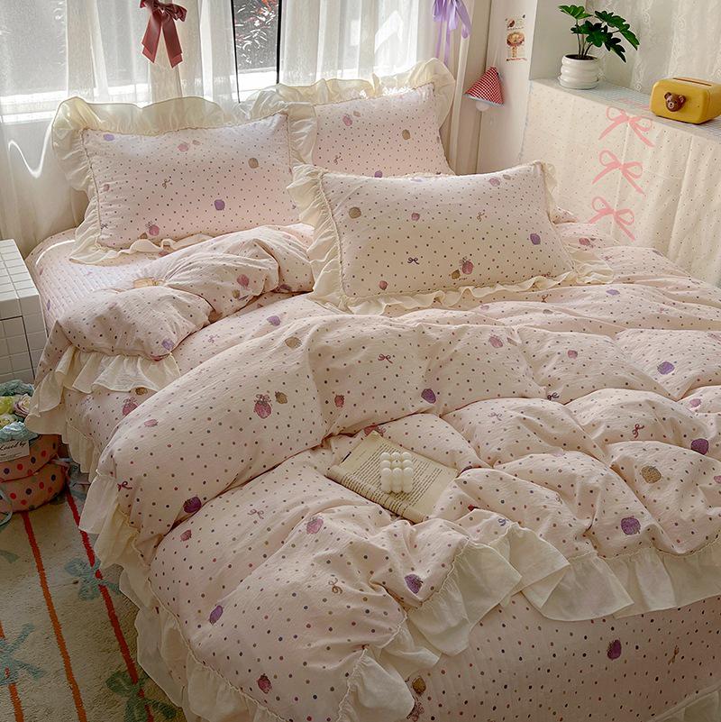 Princess Style Crinkled Gauze Lace Bedding Set - 4-Piece Washable Cotton Plaid Double Duvet Cover for All Seasons