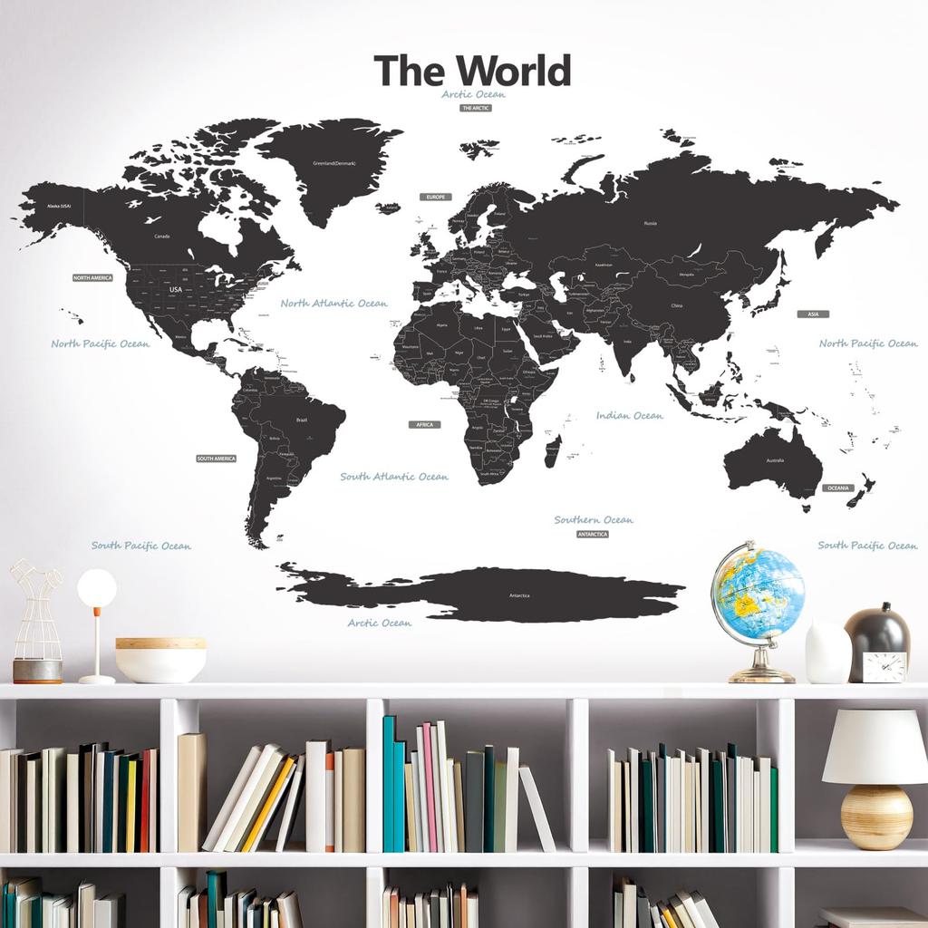 DECOWALL Extra Large Modern Gray World Map Wall Sticker Decorative Wall Art Sticker for Bathroom Kids DL3-1609G (164x90 cm) Kindergarten, Nursery,
