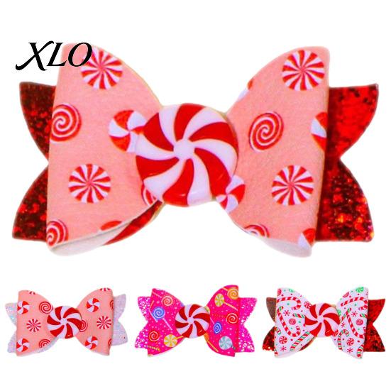 Christmas Theme Hair Ornaments Candies Bow Clip for Women Girls, Sweet Glitter Hairpins, Artificial Leather Style Clips Parties Clip, Cute Pink