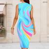 Women Plus Size Round Neck Sleeveless Bright Blue Printed Bodycon Midi Dress